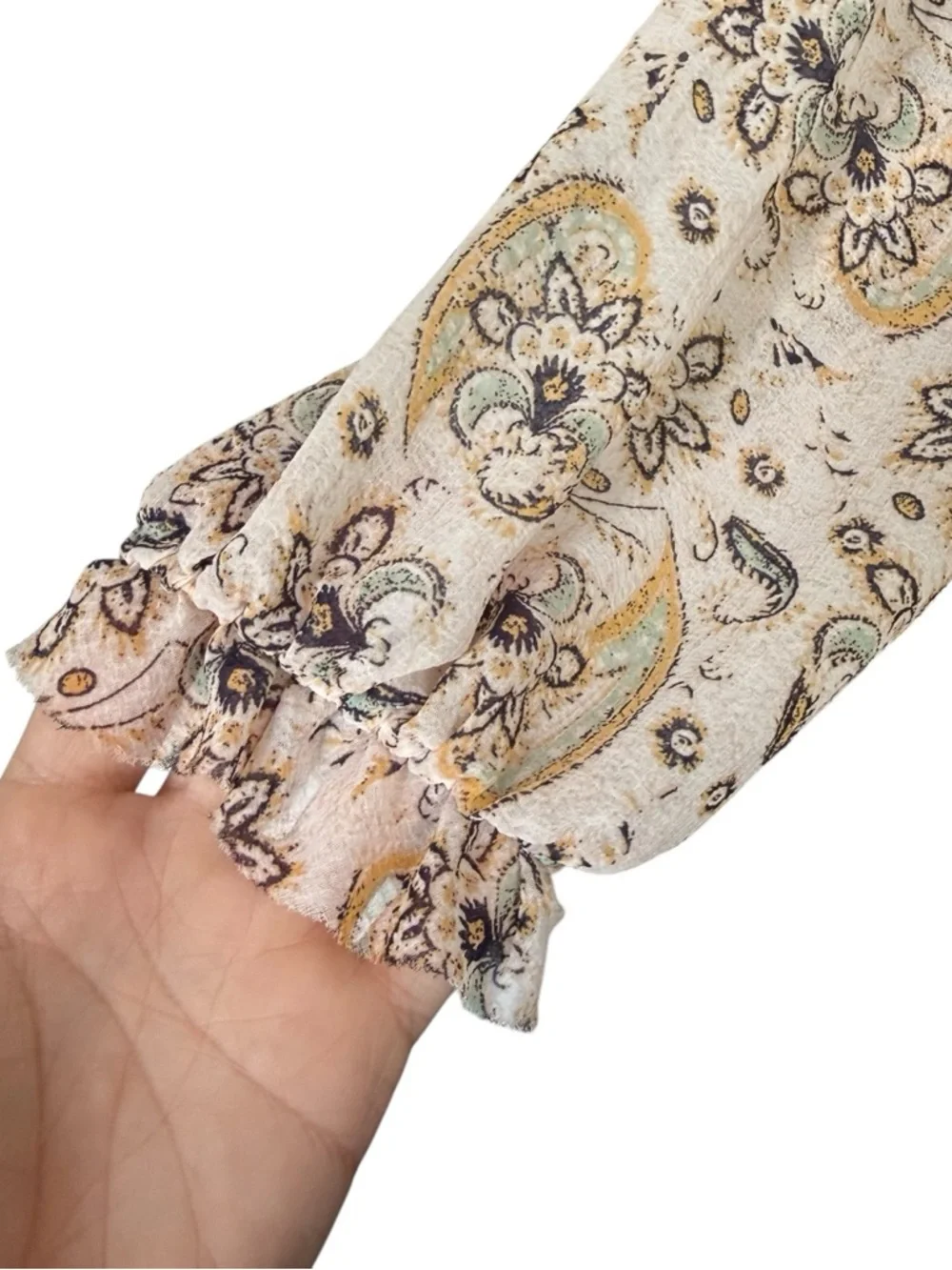 Free People Cream Sheer Paisley Boho Smocked Peasant Blouse